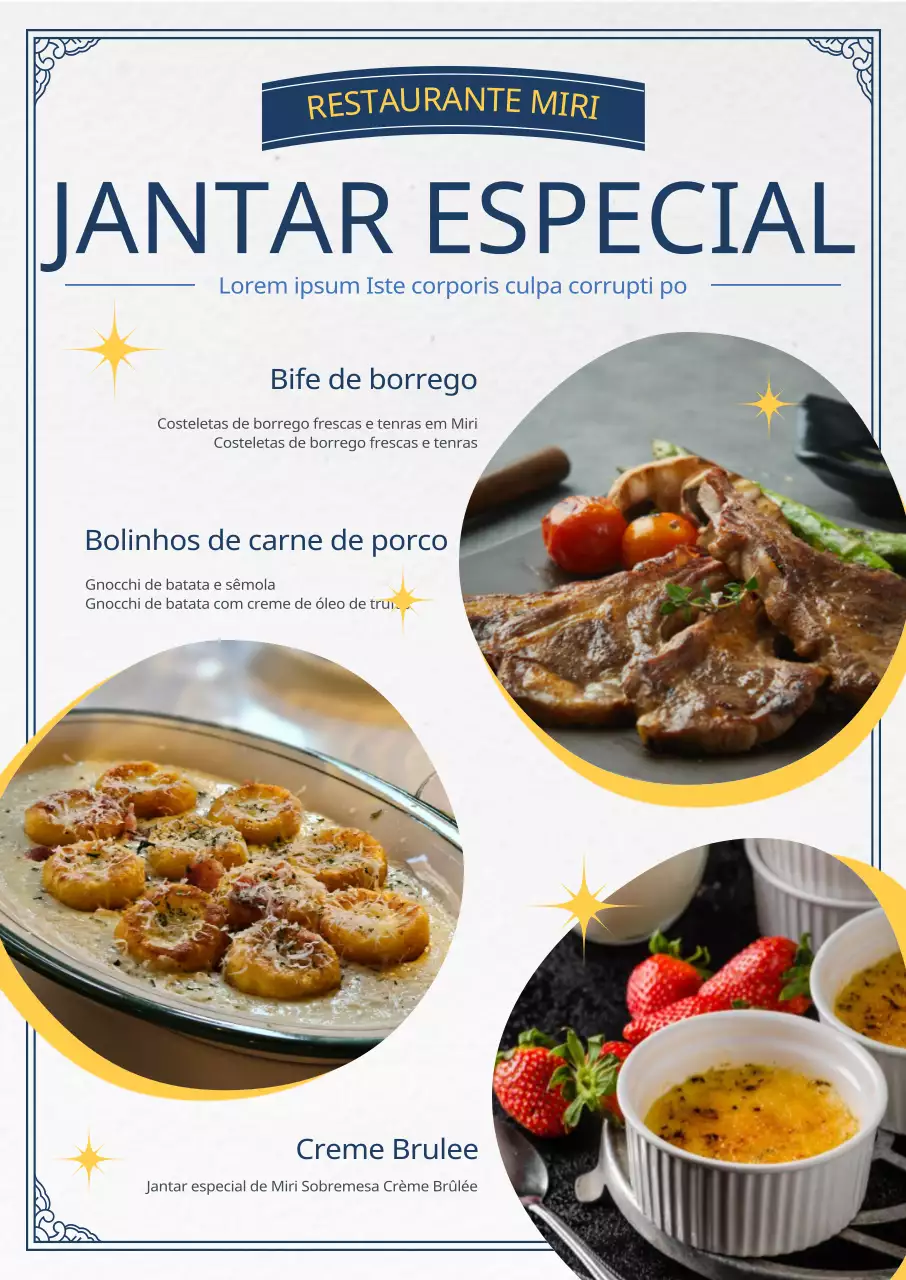 Menus especiais de jantar com gráficos elegantes e modernos e fotografias estilizadas de menus