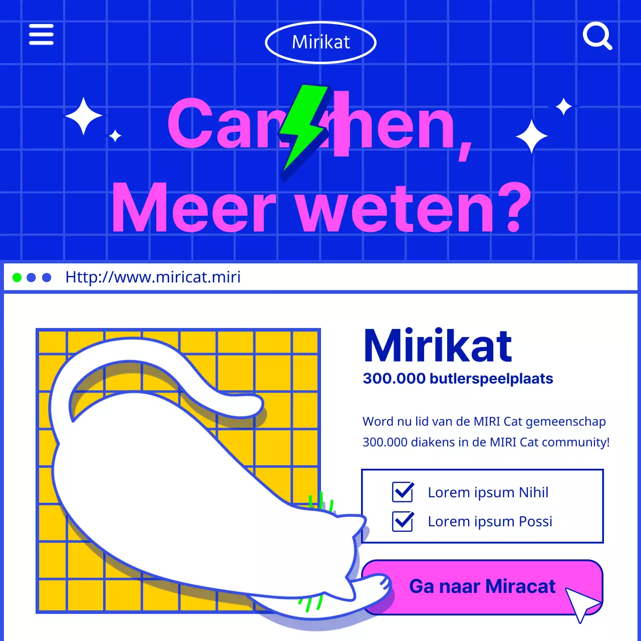 Communiceer katteninformatie met een retro internetgevoel met een witte kattenillustratie op een blauwe achtergrond
