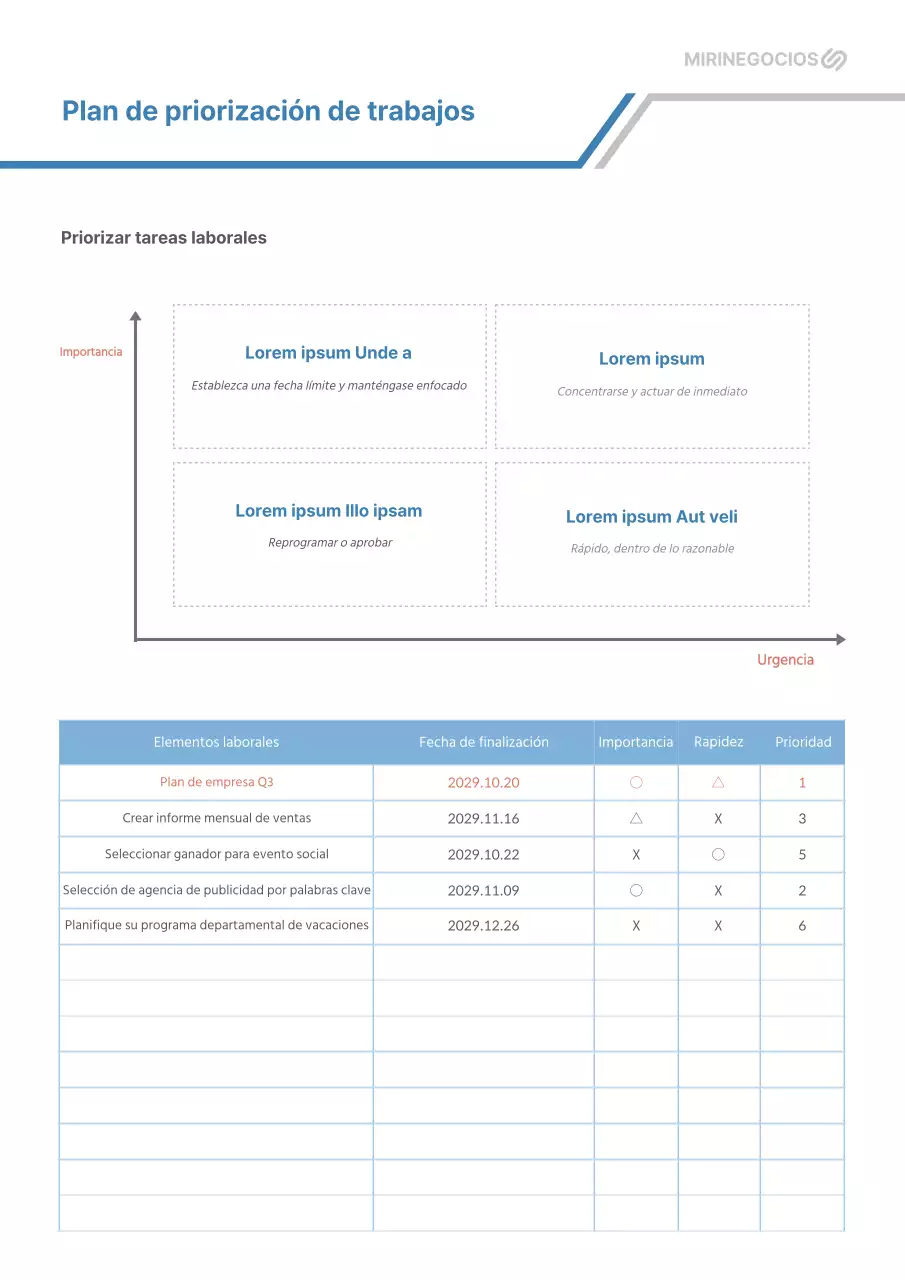 Planificador de prioridades de trabajo gris y azul