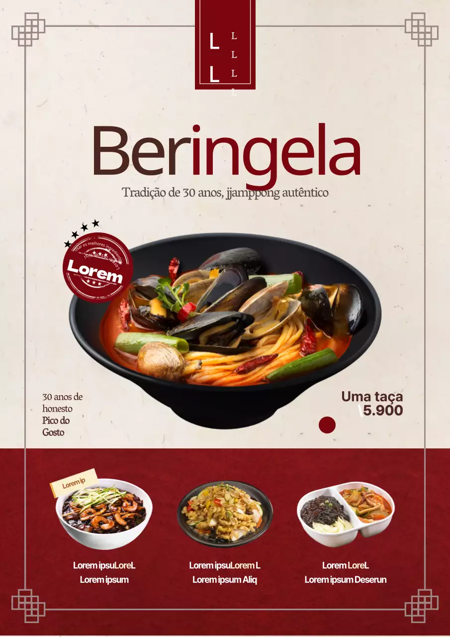 Folheto a recomendar o menu de um restaurante de ramen de conceito tradicional