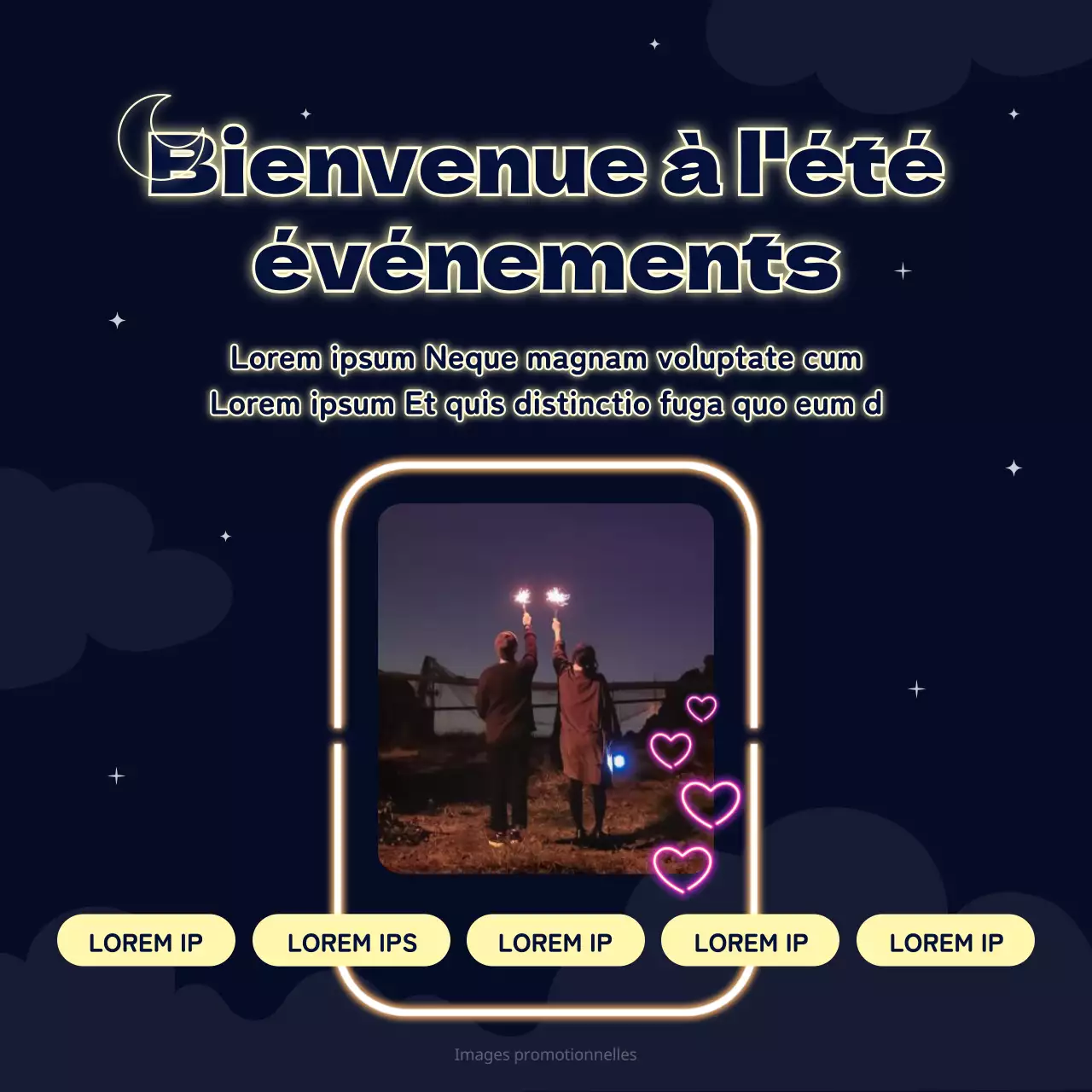 Recommandations de films pour les sorties nocturnes avec un fond bleu marine et des enseignes au néon