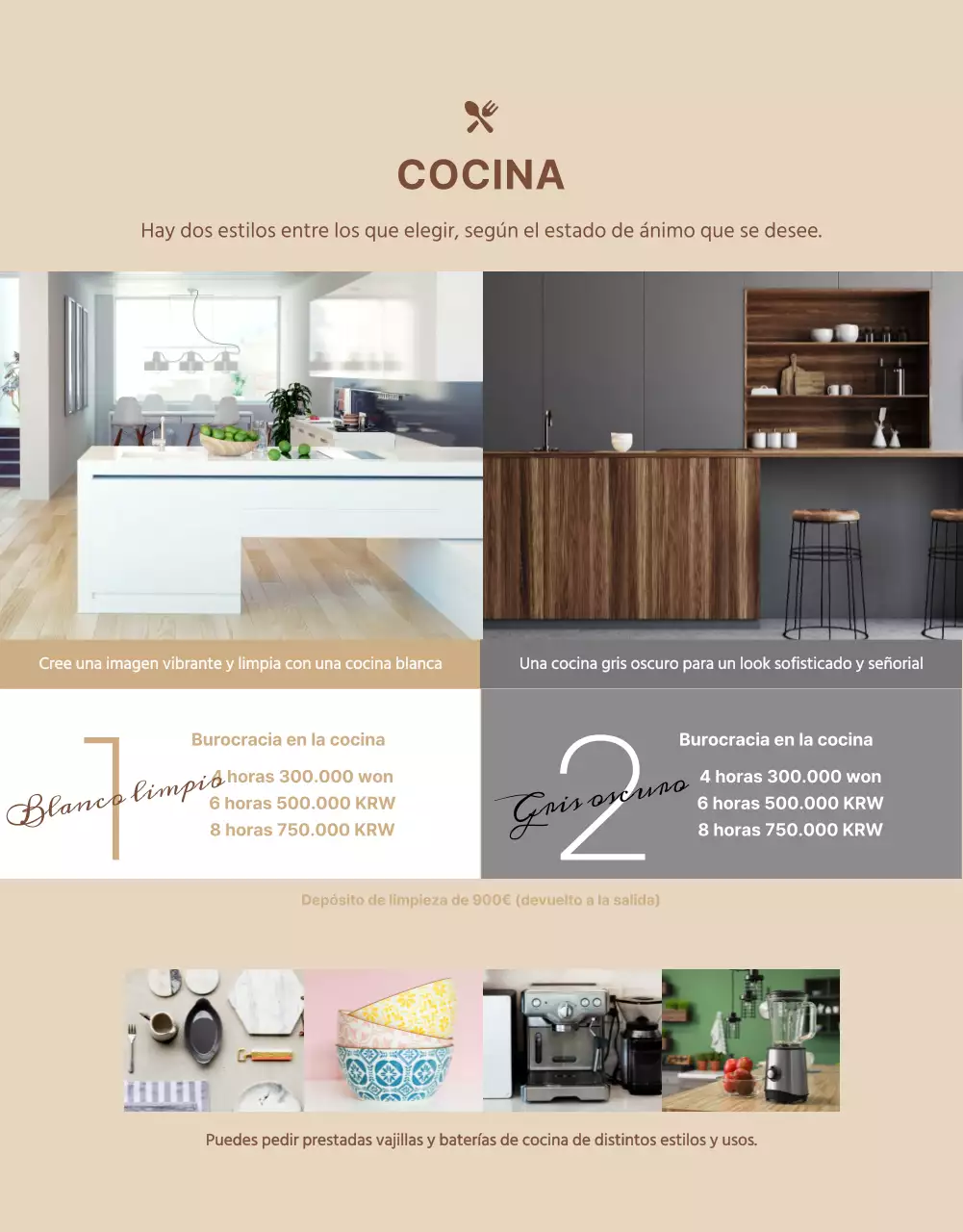 Dos estilos en suaves tonos beige Guía para reservar el alquiler de una cocina compartida y una sala de fiestas