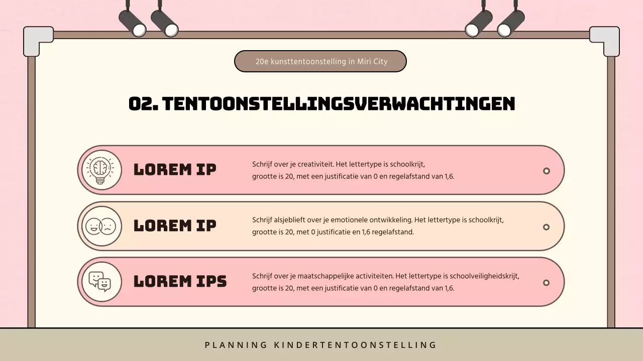 Minimalistisch voorstel voor kindertentoonstelling in roze en bruin