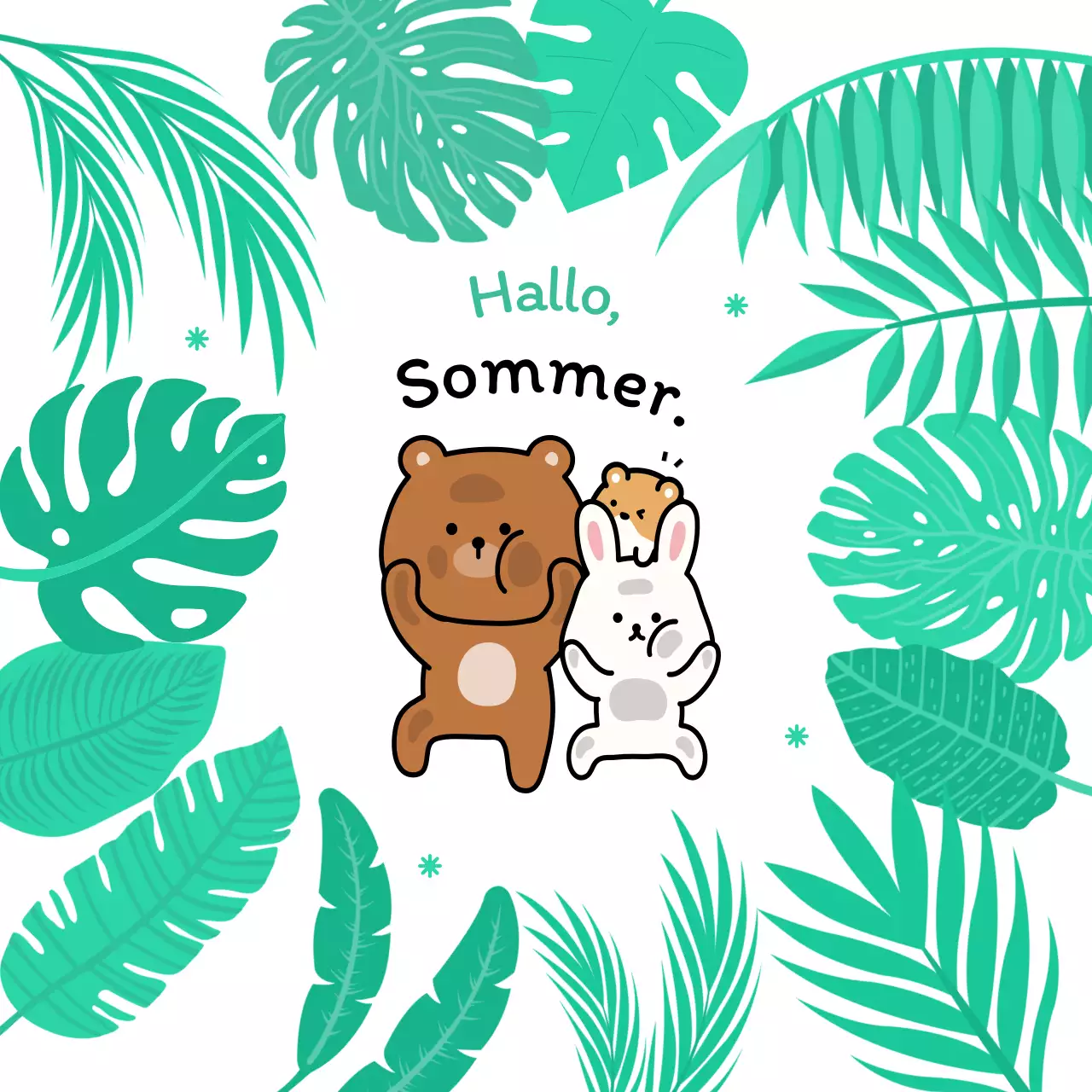 Personalisierte Sommerartikel mit niedlichen Tierillustrationen und üppig grünem Laub.
