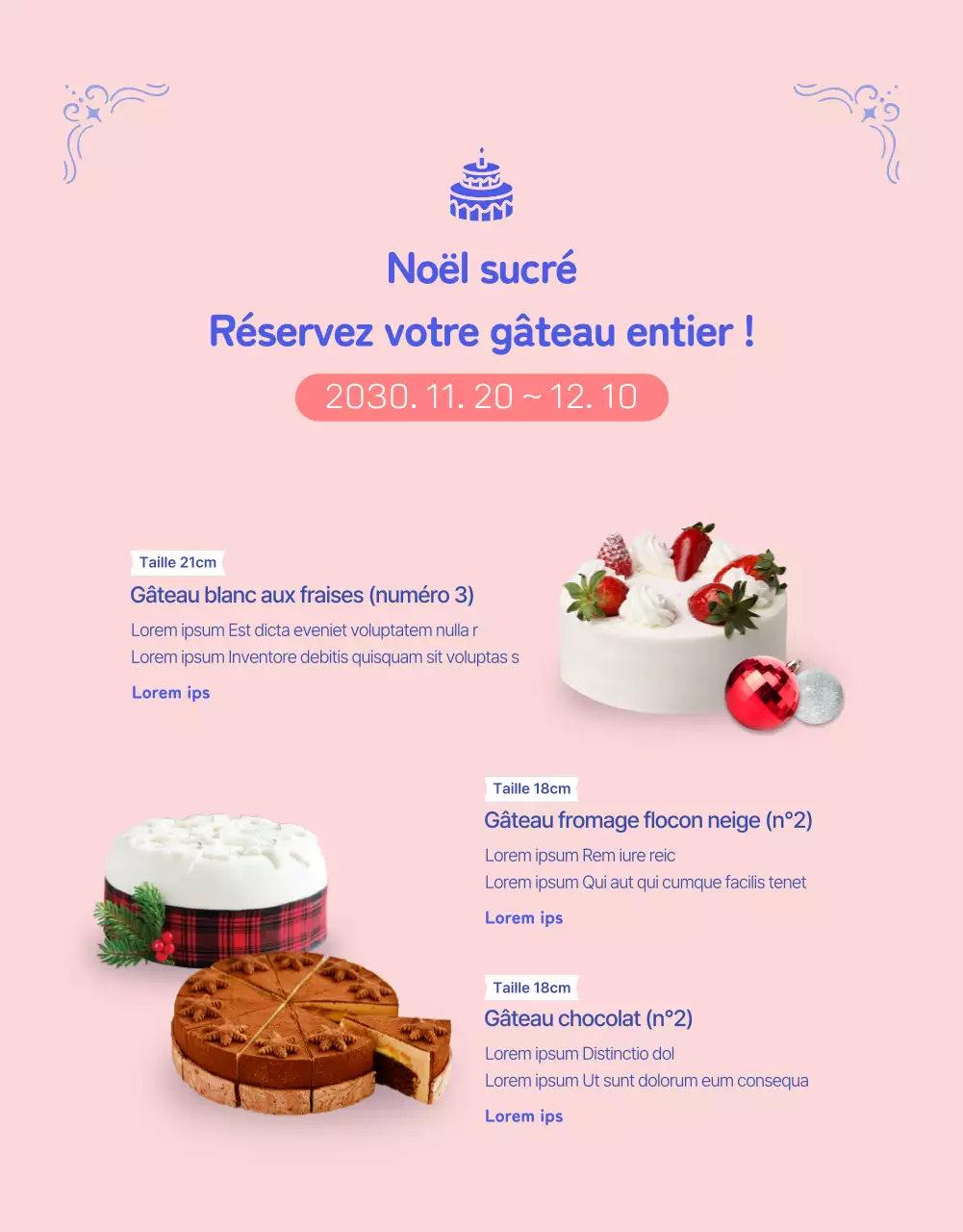 Offre de pré-commande de gâteaux avec un joli design de carte en bleu outremer brillant