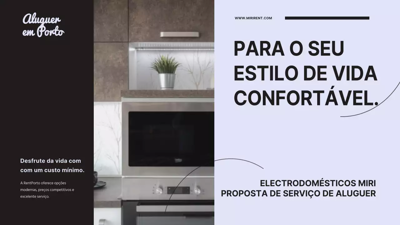 Proposta de serviço de aluguer de electrodomésticos limpa e moderna com um fundo lilás