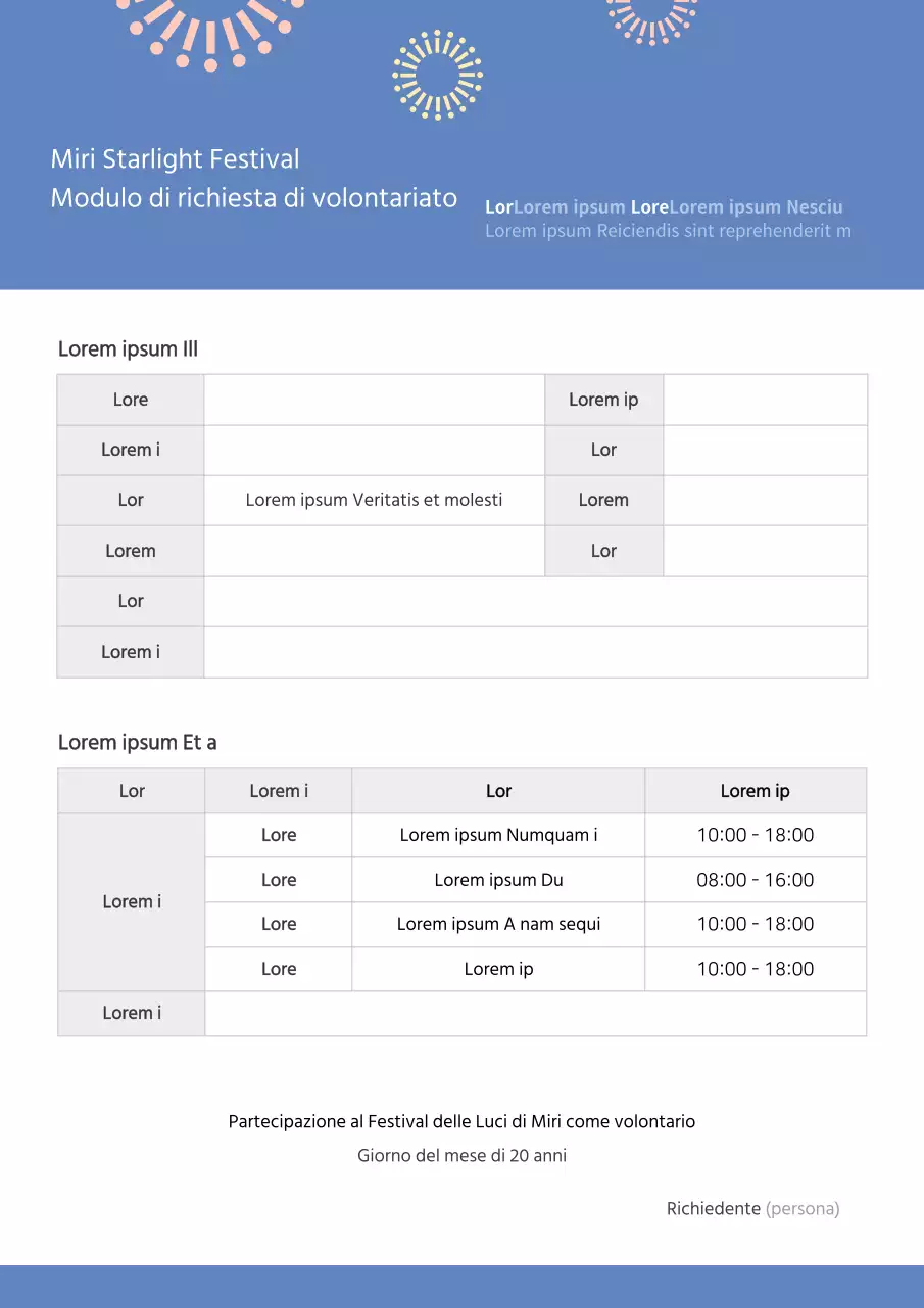 Modello semplice di domanda di volontariato per il bluetone festival
