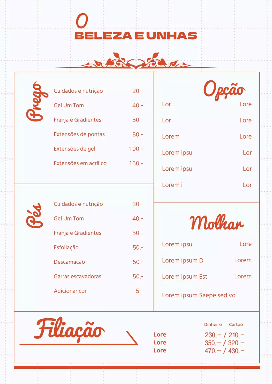 Quadro do menu do salão de beleza com linhas vermelhas