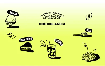 Un simpatico caffè di dolciumi con disegni color chartreuse e dipinti a mano