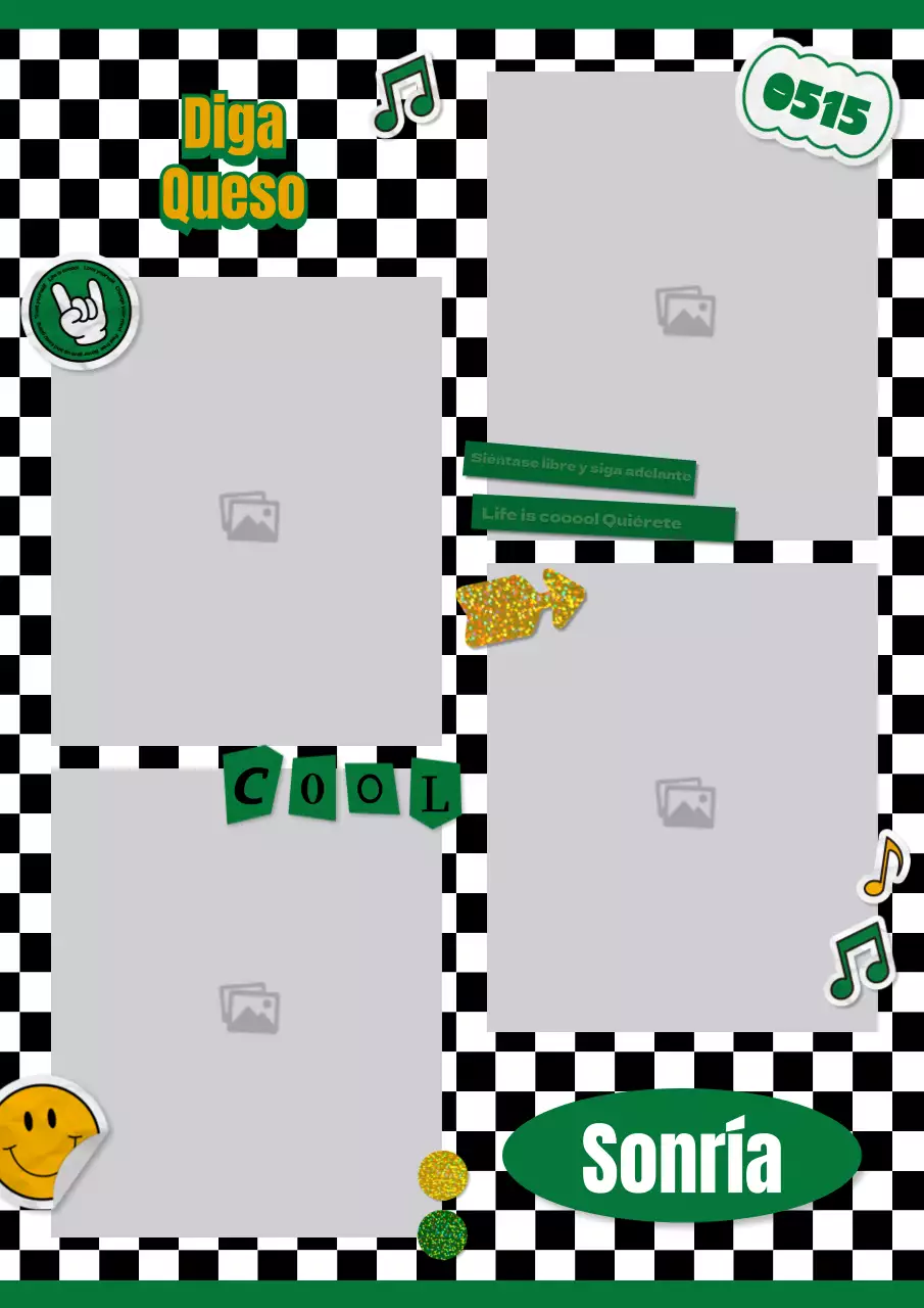 Marco de fotos de cuatro colores inspirado en las pegatinas, en verde y amarillo