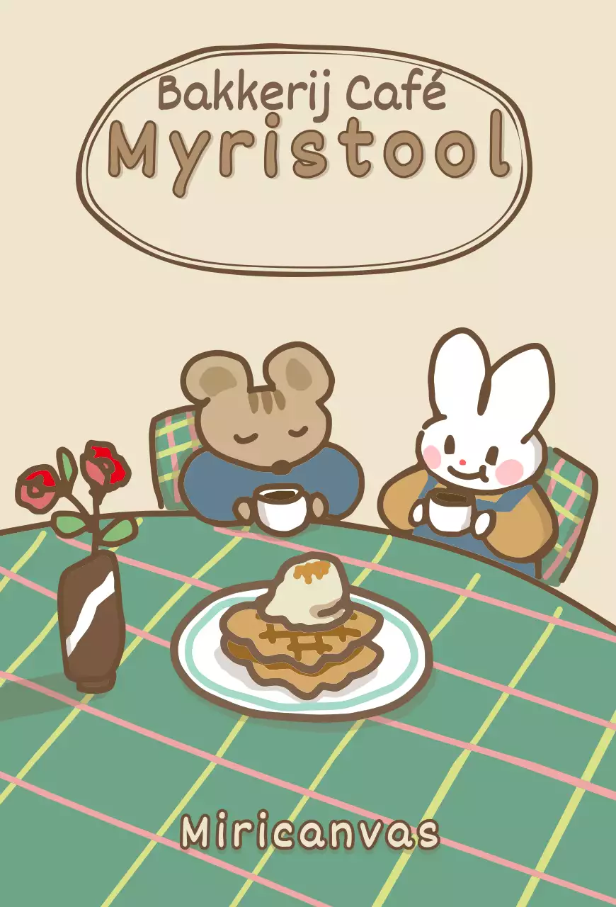 Een café met schattige illustraties in beige en bruin