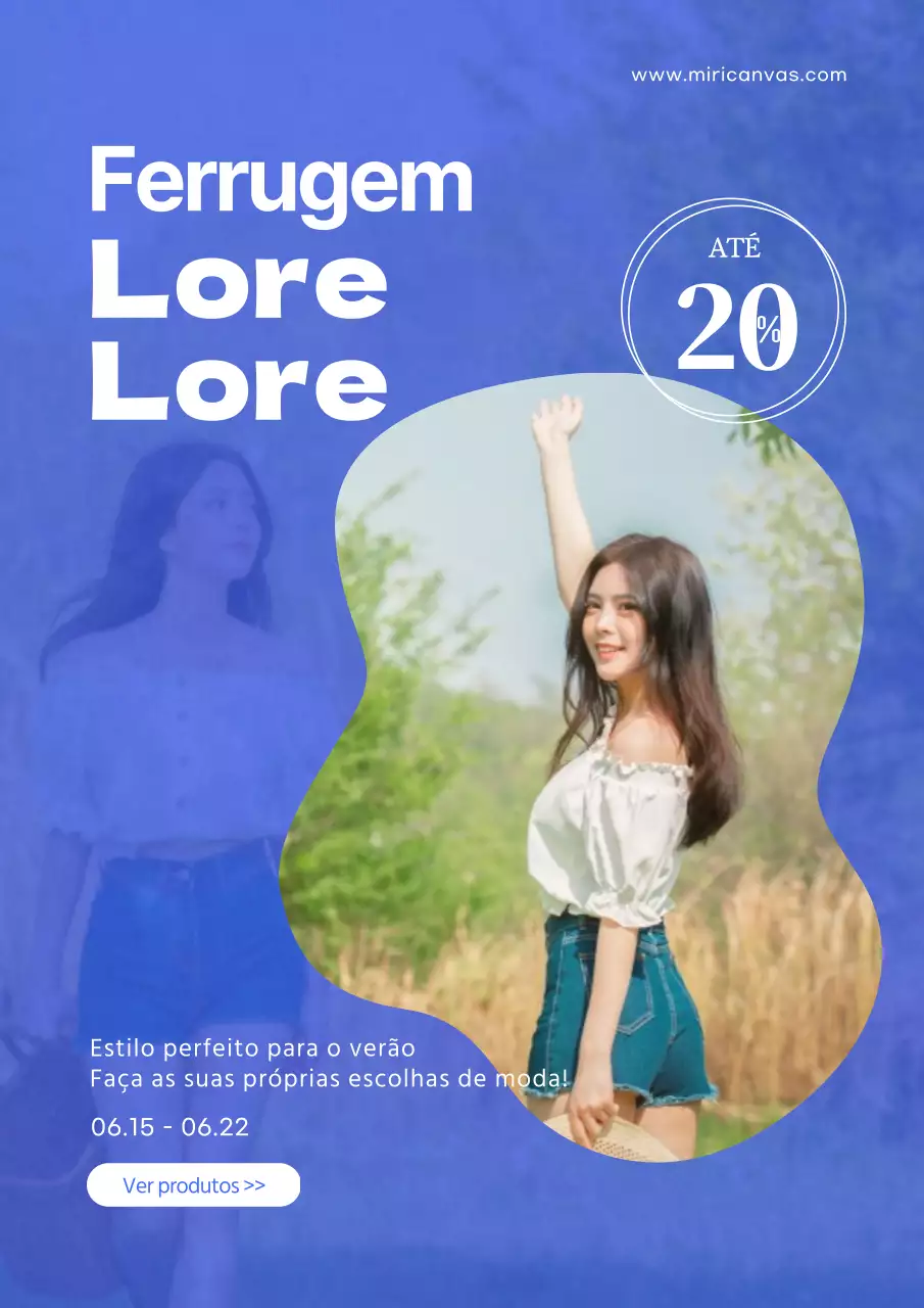 Folheto promocional para uma venda de roupa de verão chique em azul.