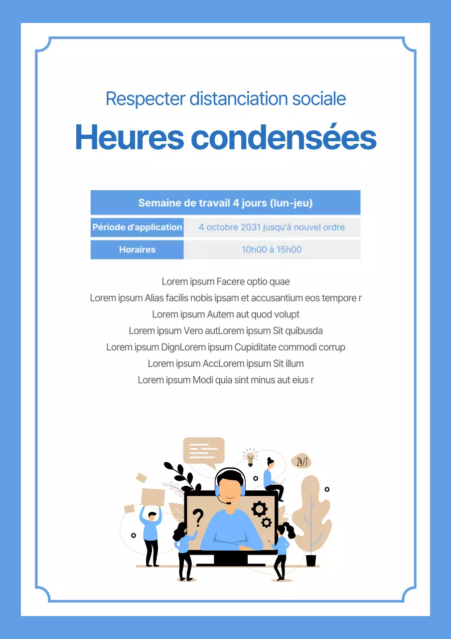 Une annonce de réduction des heures de travail dans un ton bleu, avec une illustration stylisée.