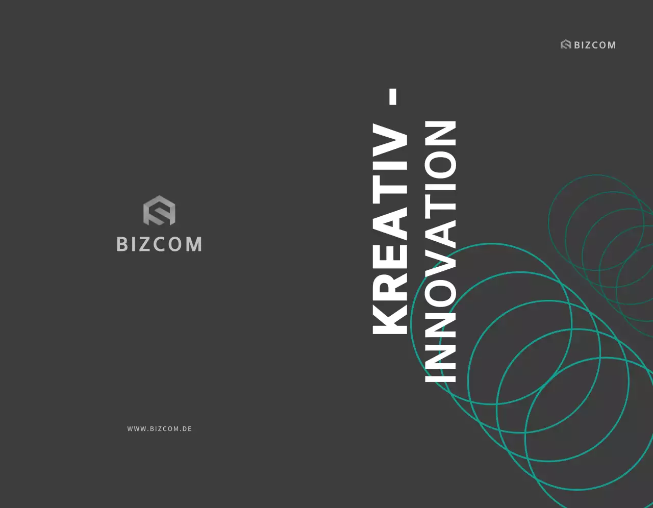 Einfache bizcom-Unternehmenswerbung mit schwarzem und grauem Text und Illustrationen