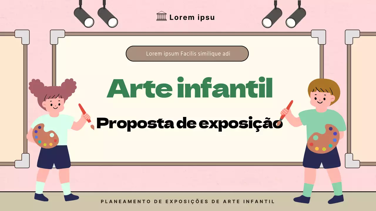 Proposta de exposição de arte infantil minimalista em cor-de-rosa e castanho