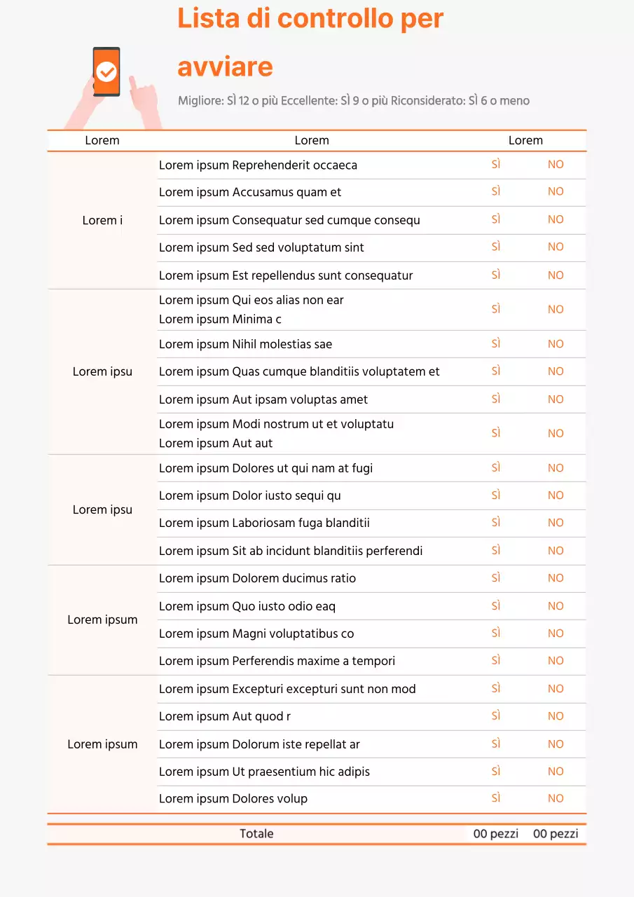 Documentazione della lista di controllo arancione per la messa in servizio