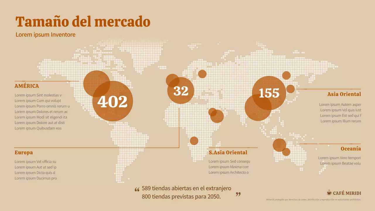 Mapa de expansión de la cafetería en el extranjero en tonos marrones