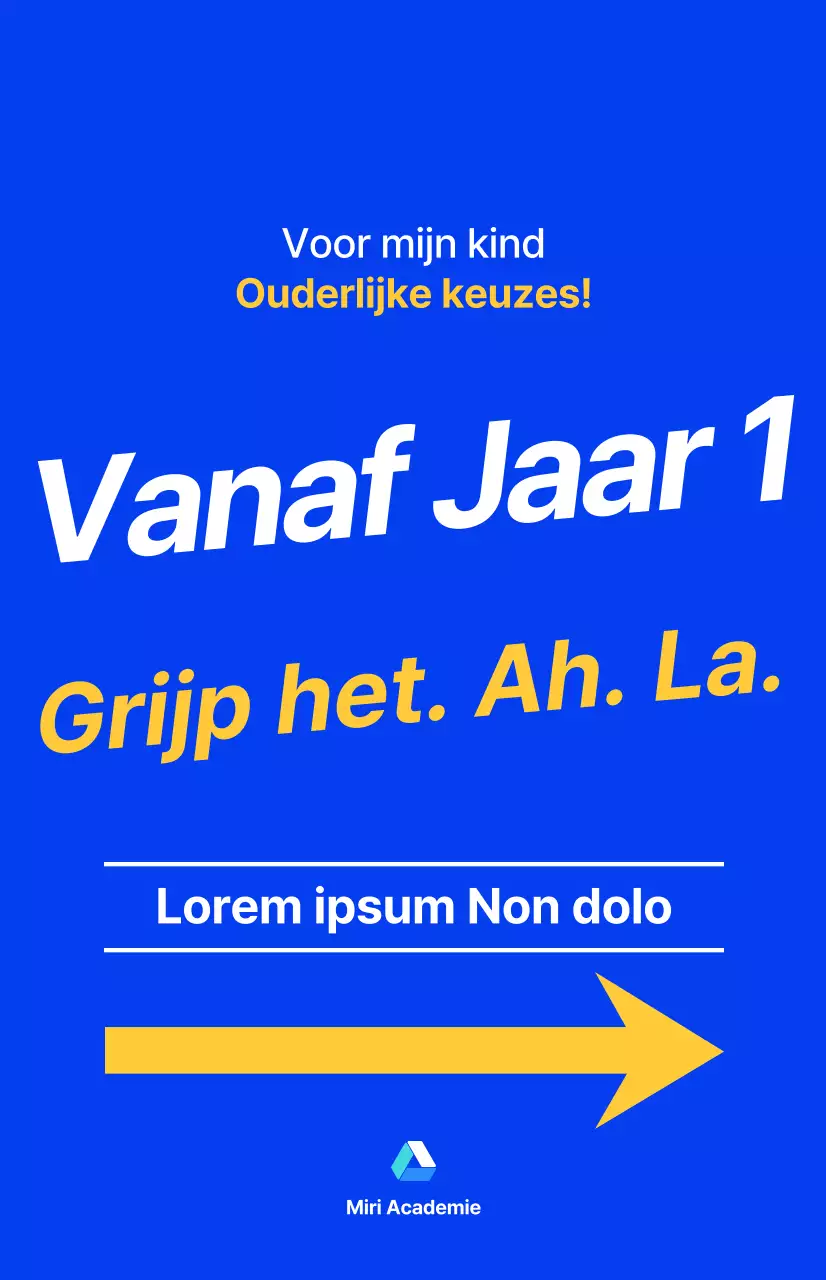 Een informatiesessie voor ouders van een academie voor middelbare scholieren, met tekst in blauw en fluorescerende accentkleuren.