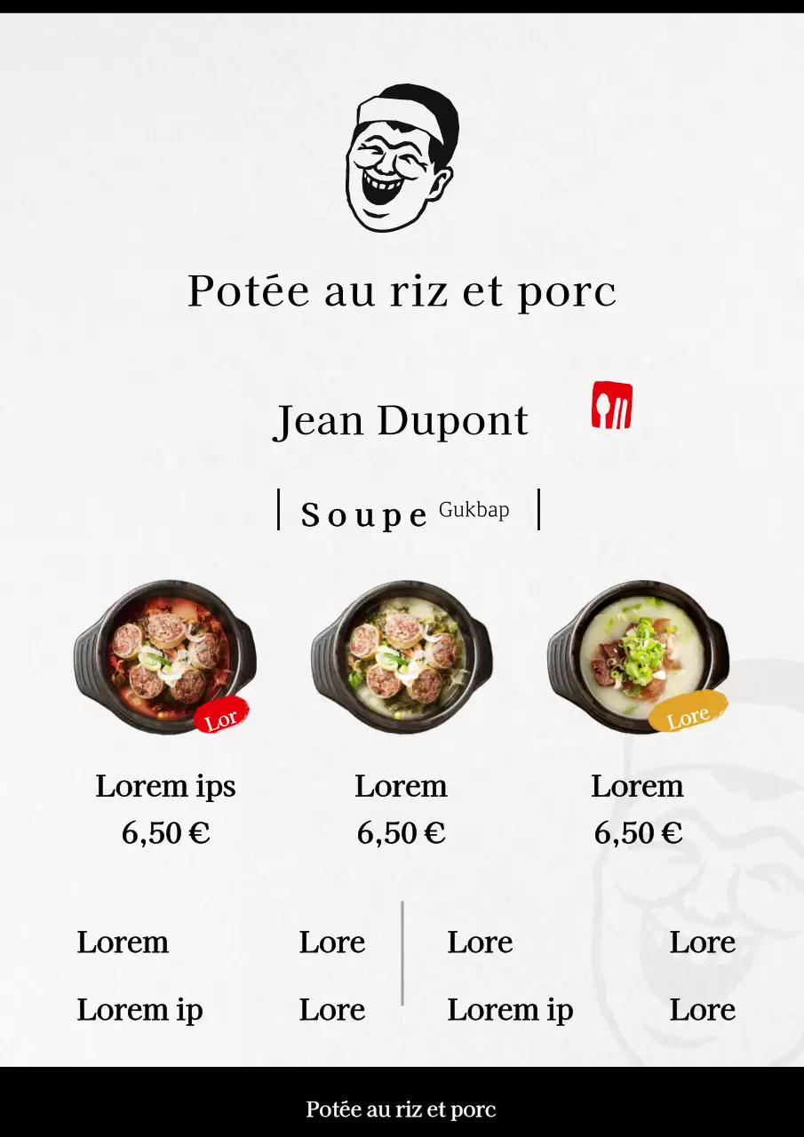 Un concept de menu en noir et blanc, calme et propre, pour un restaurant de rice bowl avec une illustration humaine.