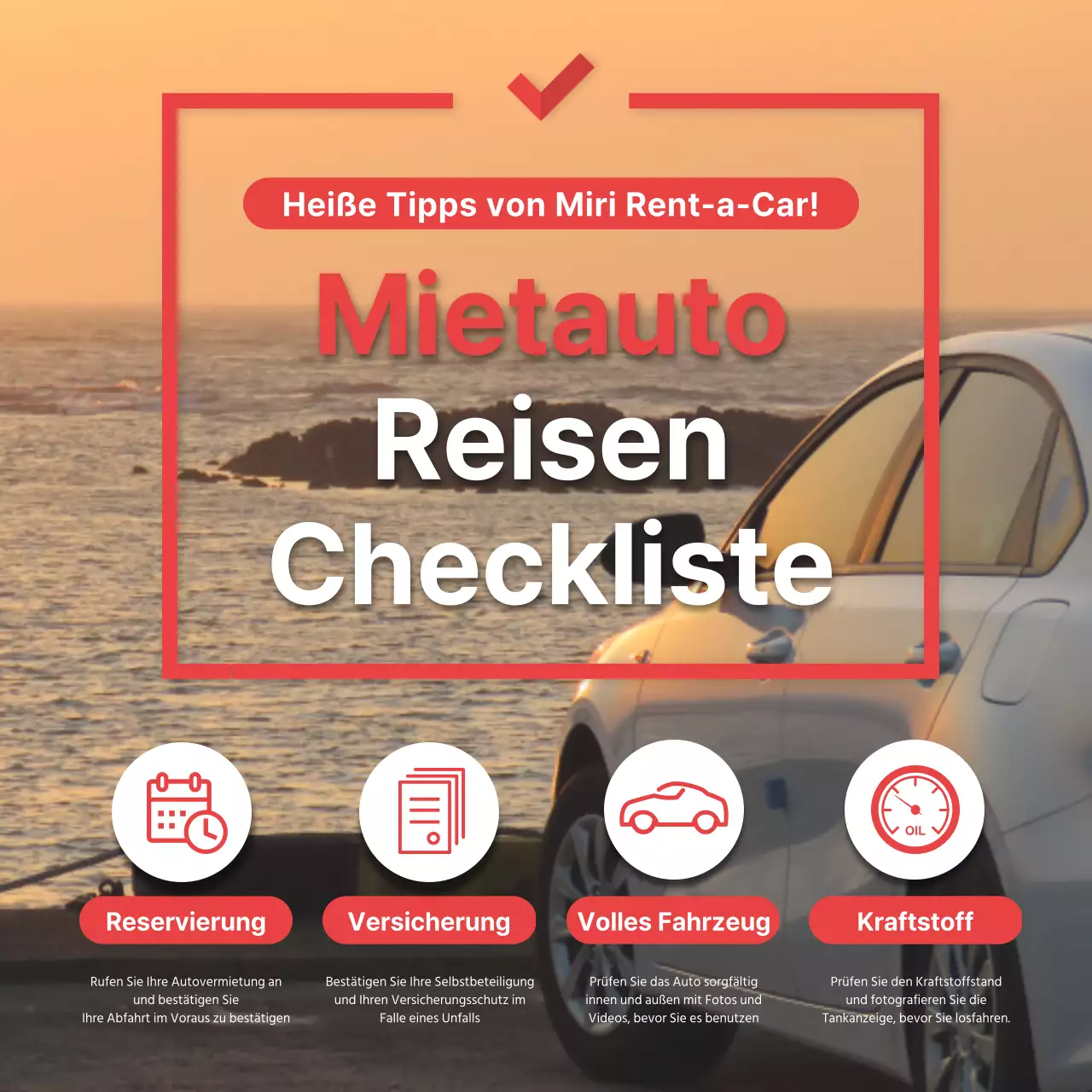 Mietwagen-Checkliste für Reisen in roten Punkten Soziale Medien