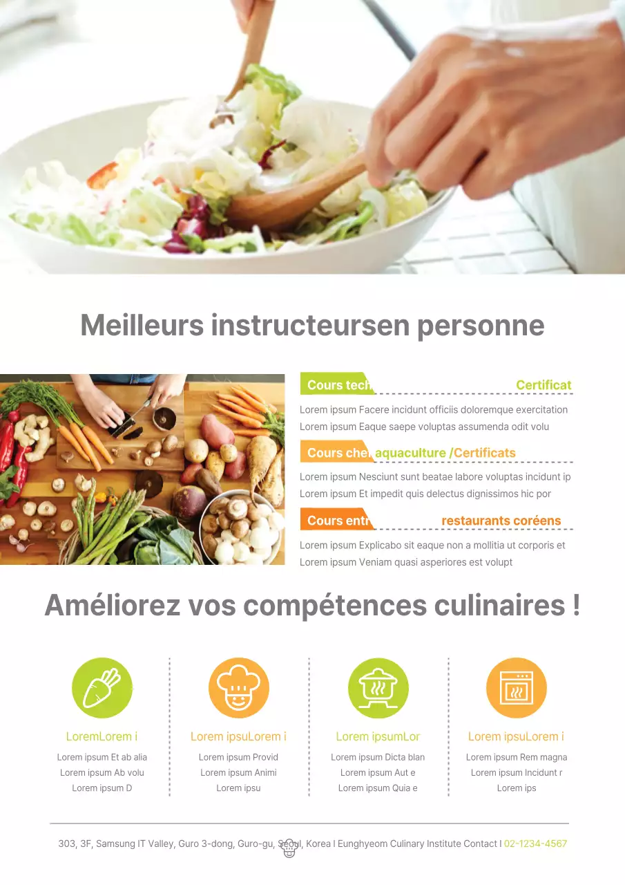 Promotion d'une école de formation de cuisiniers avec des photos d'aliments orange et verts