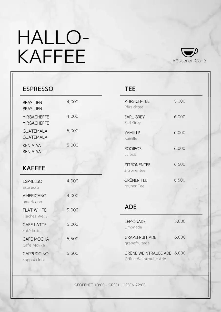 Saubere vertikale Cafe-Menü-Tafel mit Marmor-Konzept