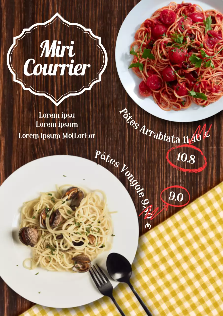 Menu de pâtes dans un restaurant occidental fond de table en bois avec photo de pâtes