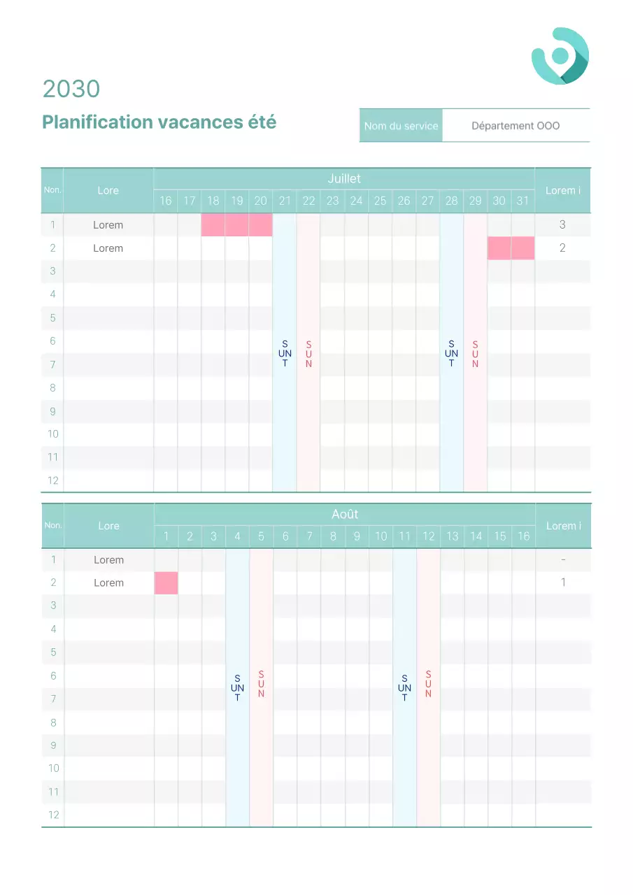Modèle de plan de vacances départementales d'été de couleur menthe