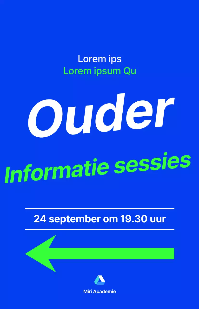 Een informatiesessie voor ouders van een academie voor middelbare scholieren, met tekst in blauw en fluorescerende accentkleuren.