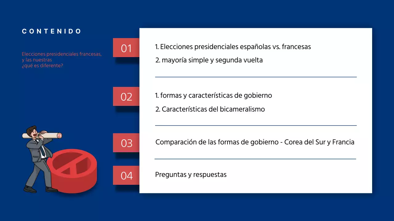 Presentación comparativa de las elecciones presidenciales francesas con un tema infográfico azul y rojo