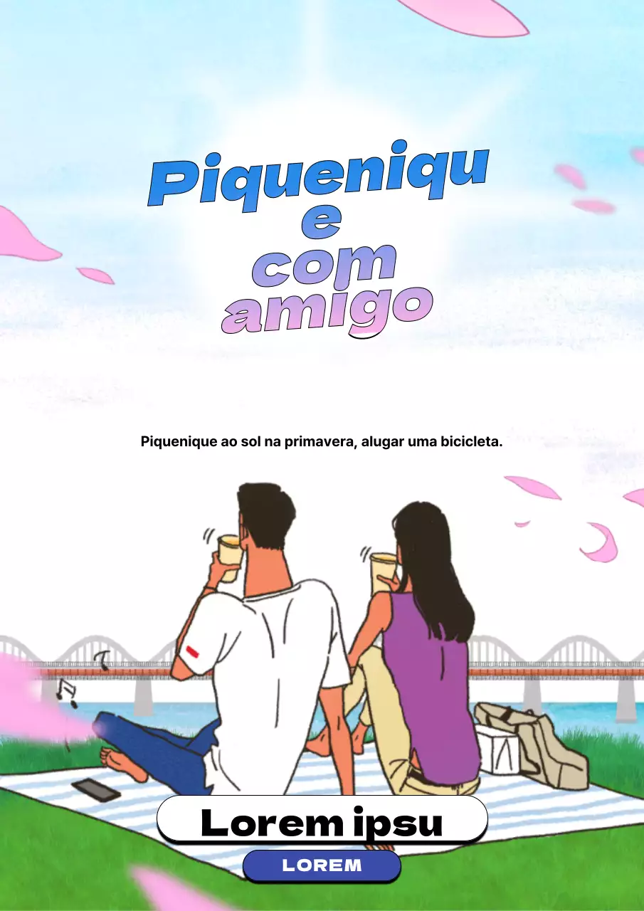 Promover um piquenique ilustrado em azul e cor-de-rosa