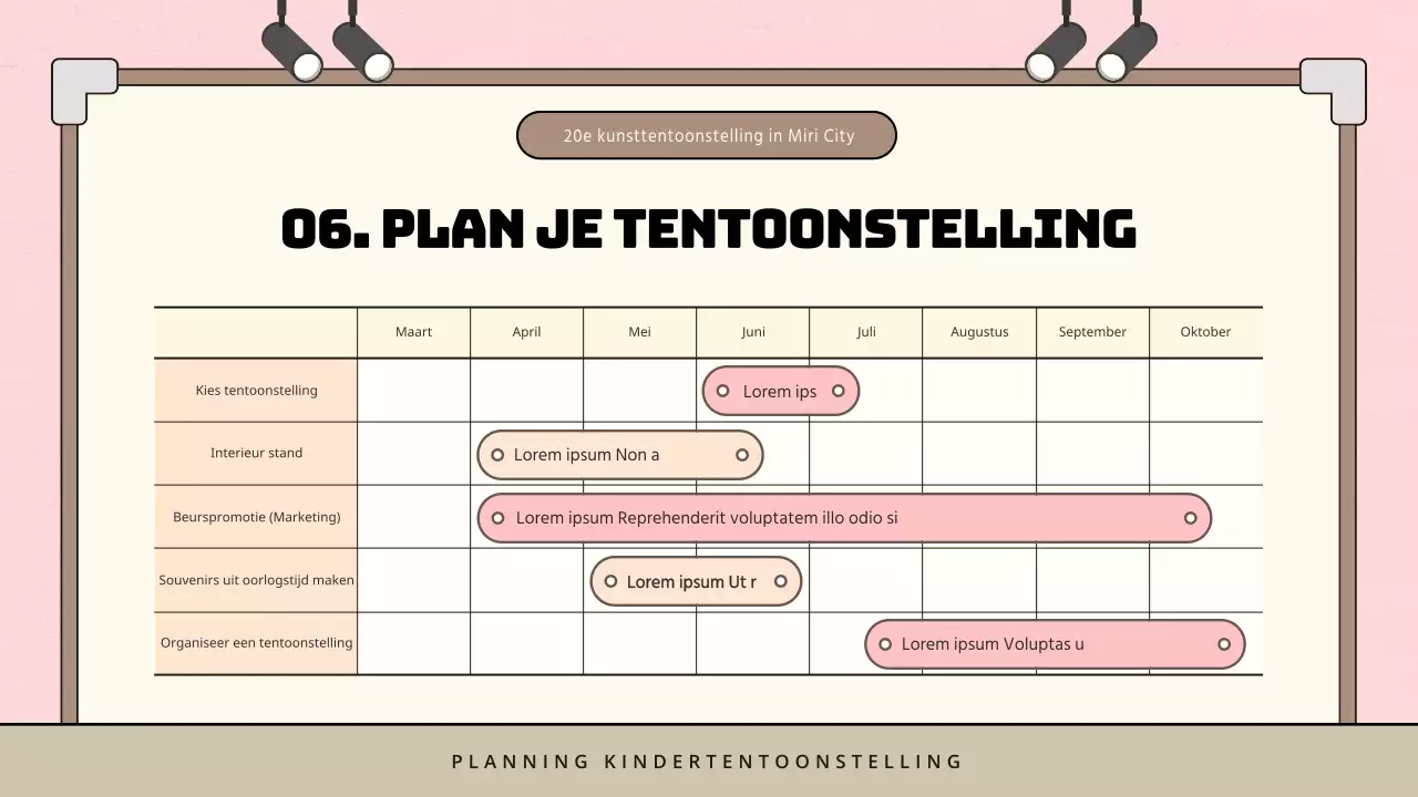 Minimalistisch voorstel voor kindertentoonstelling in roze en bruin