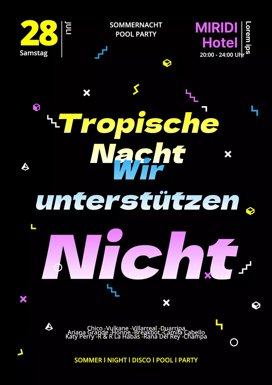 Werbung für eine Mittsommer-Poolparty mit schwarz fluoreszierenden Akzenten