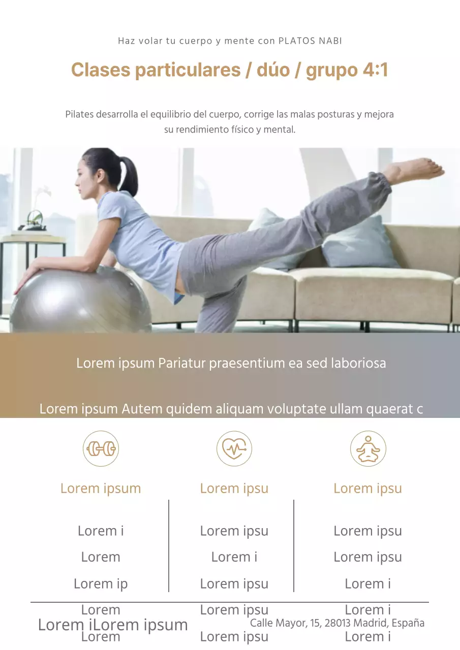 Promocionar una lujosa escuela de Pilates con una foto de una mujer haciendo Pilates en oro.