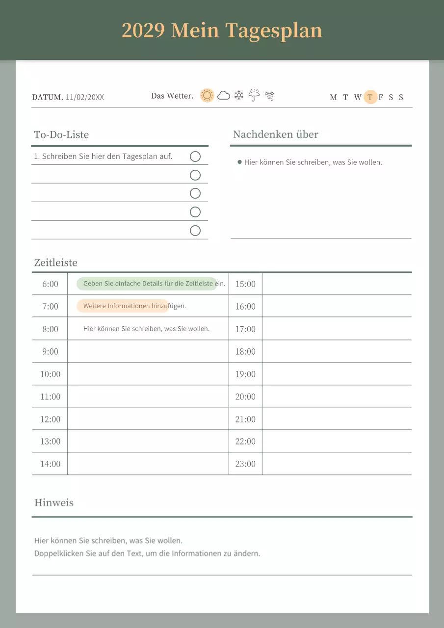 Übersichtlicher Tagesplaner in Grün und Orange