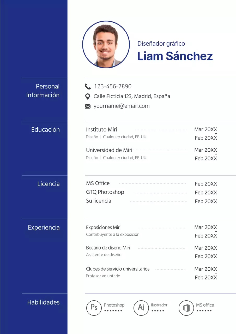 Un formulario de currículum limpio y de concepto sencillo en azul.