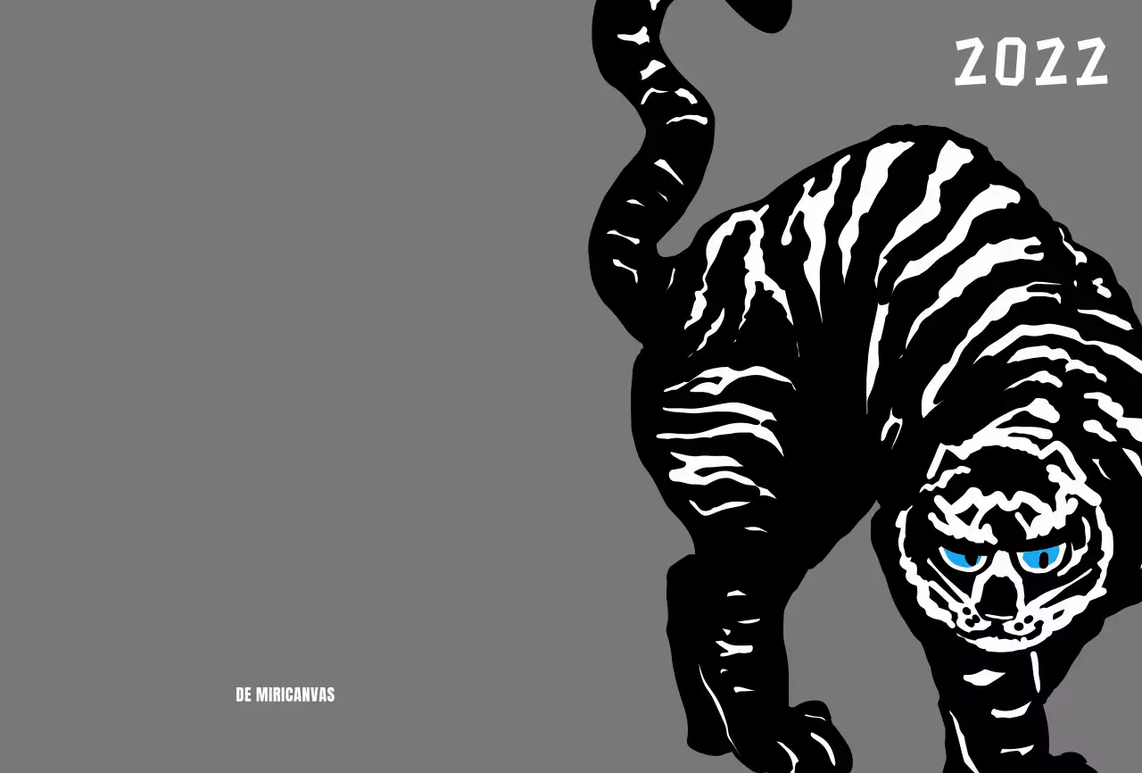 Cartão de Ano Novo com uma ilustração arrojada de um tigre em cinzento e preto