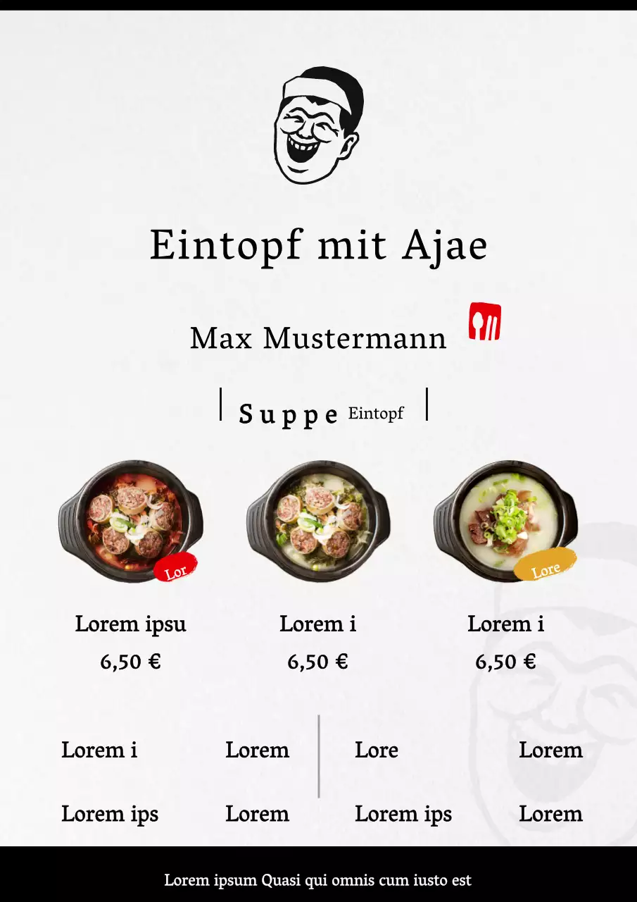 Ein schwarz-weißes, ruhiges und sauberes Konzept-Menübrett für ein Reisschüssel-Restaurant mit einer menschlichen Illustration.
