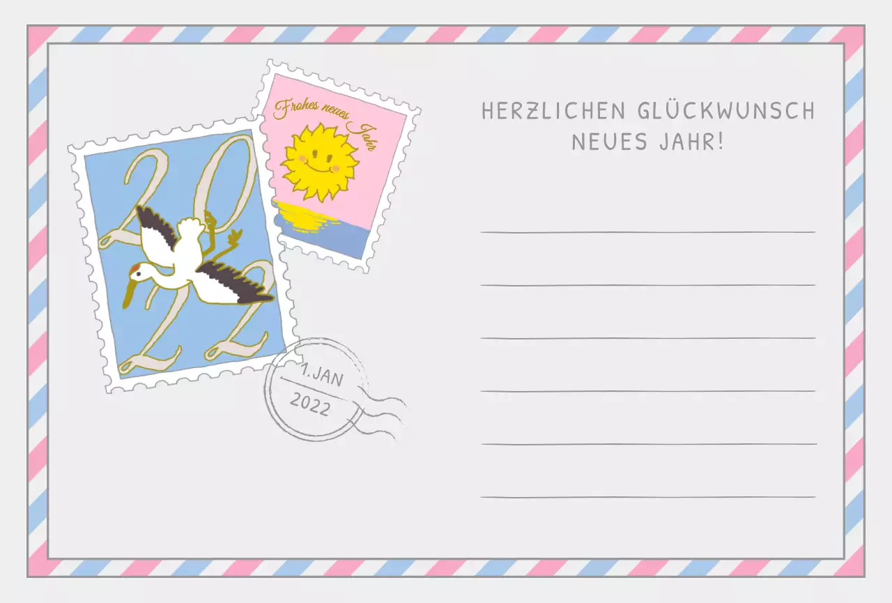Neujahrsbriefmarke mit einer niedlichen rosa und gelben Sonnenillustration
