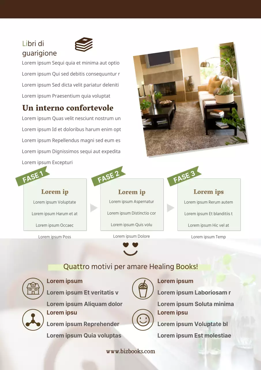 Promuovere un concept book cafe emozionale con foto di interni marroni e verdi