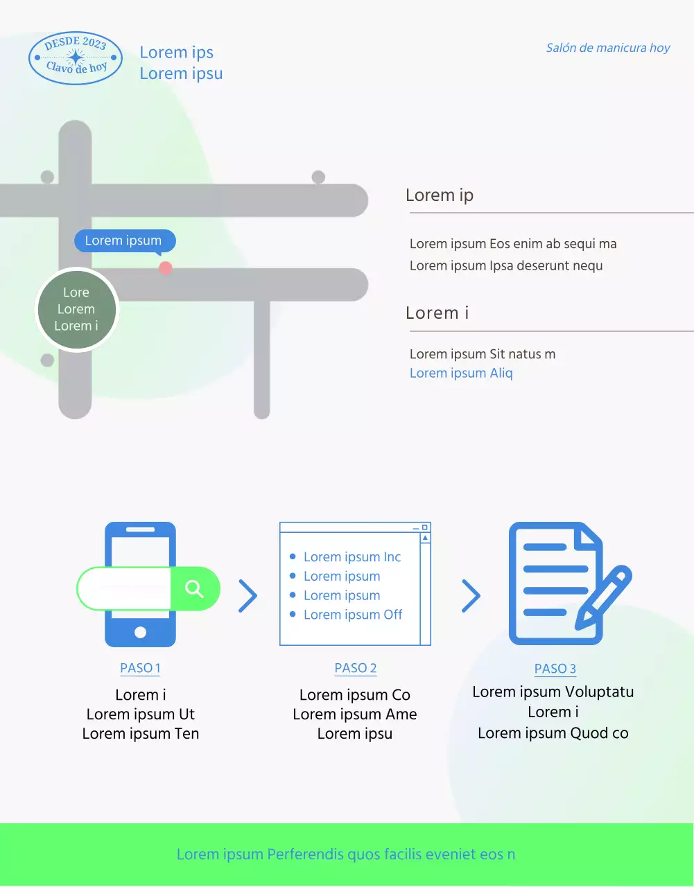 Tema promocional para un salón de manicura con uñas de fotos nítidas en chartreuse y azul