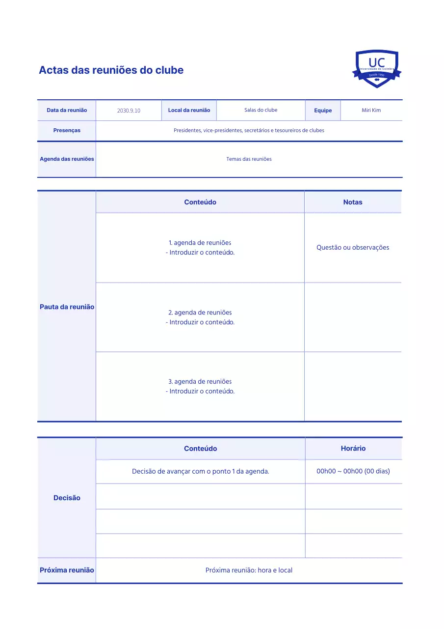 Materiais básicos para reuniões de clube em azul e branco