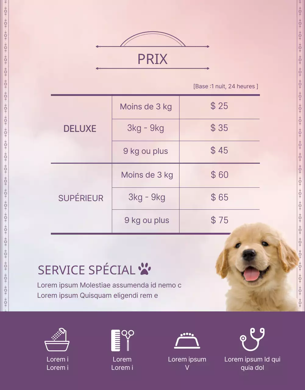 Faites la promotion de votre hôtel pour animaux en violet et en rose