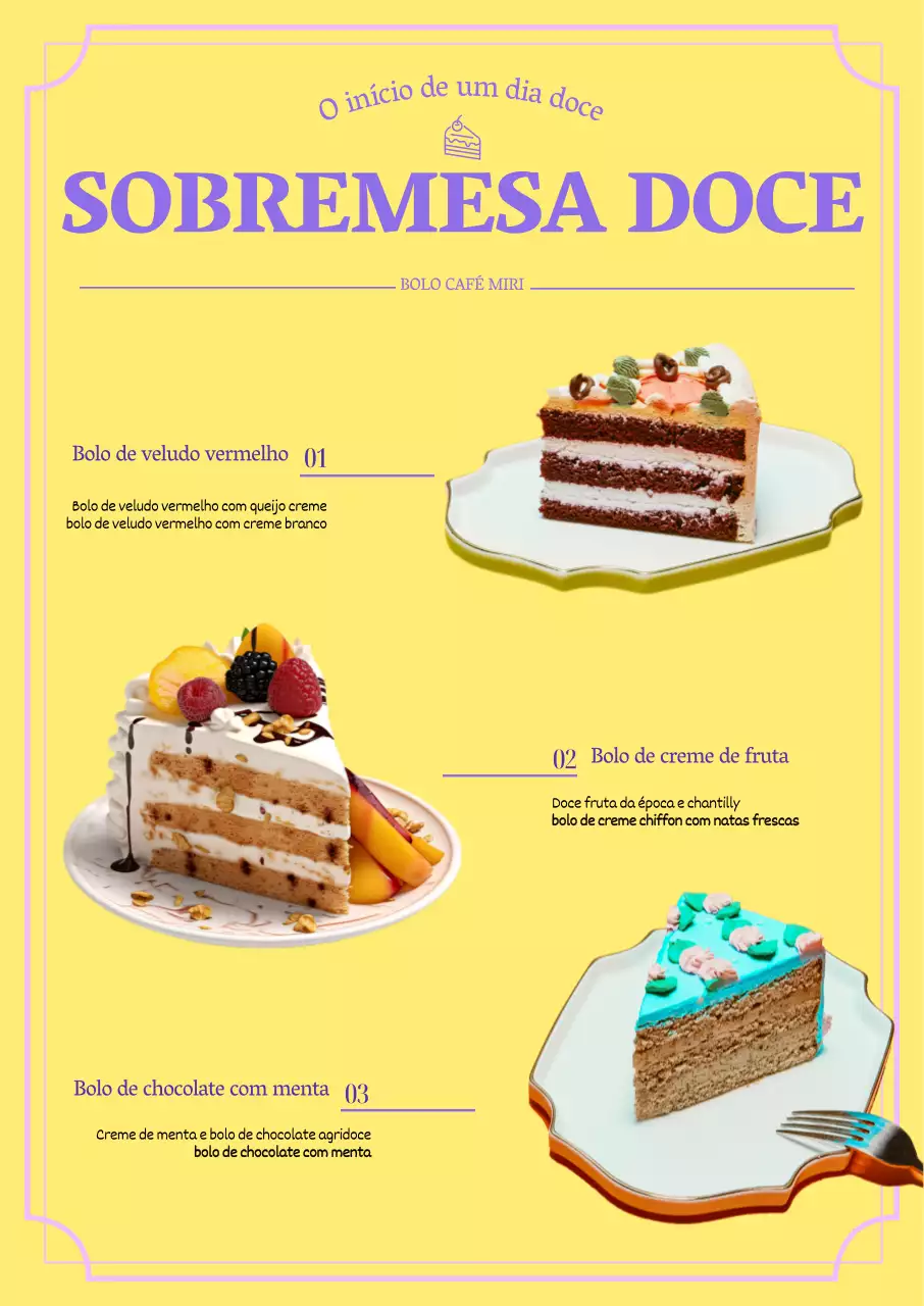 Um menu de café com sobremesas sensuais, com um fundo amarelo vivo e uma cor de destaque roxa.