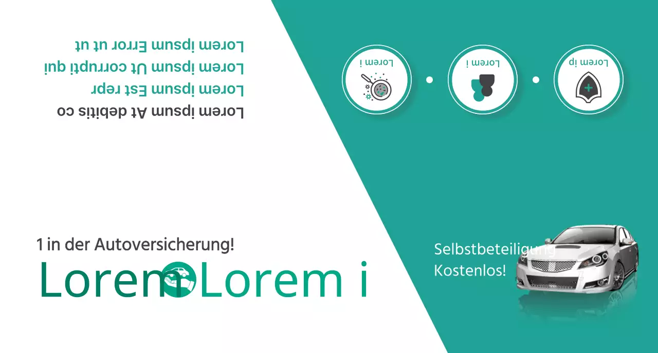 Werbung für Autoversicherungen mit türkisfarbenen und weißen Autofotos und Piktogrammen