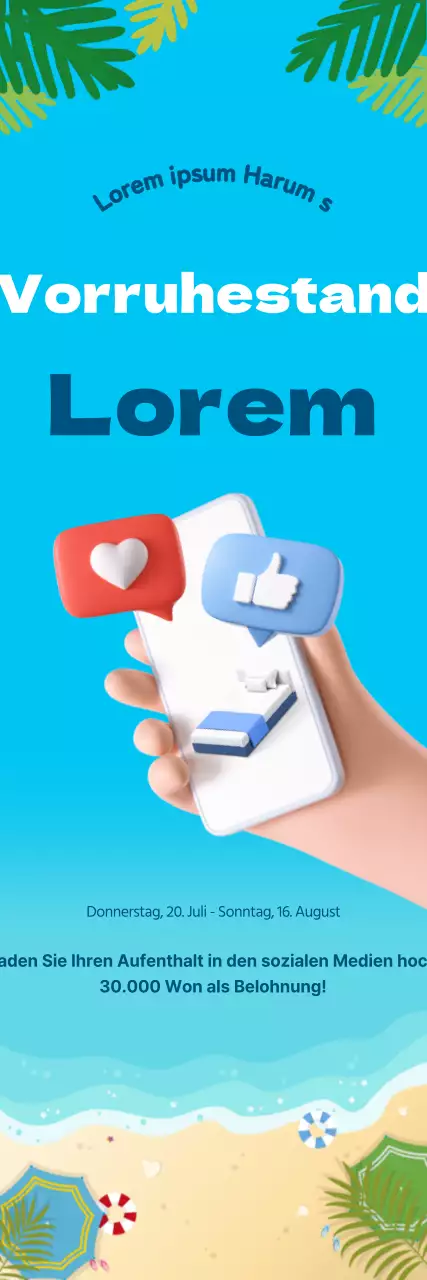 Bewerben Sie Ihre Pension mit Likes in den sozialen Medien auf einem blauen Meereshintergrund