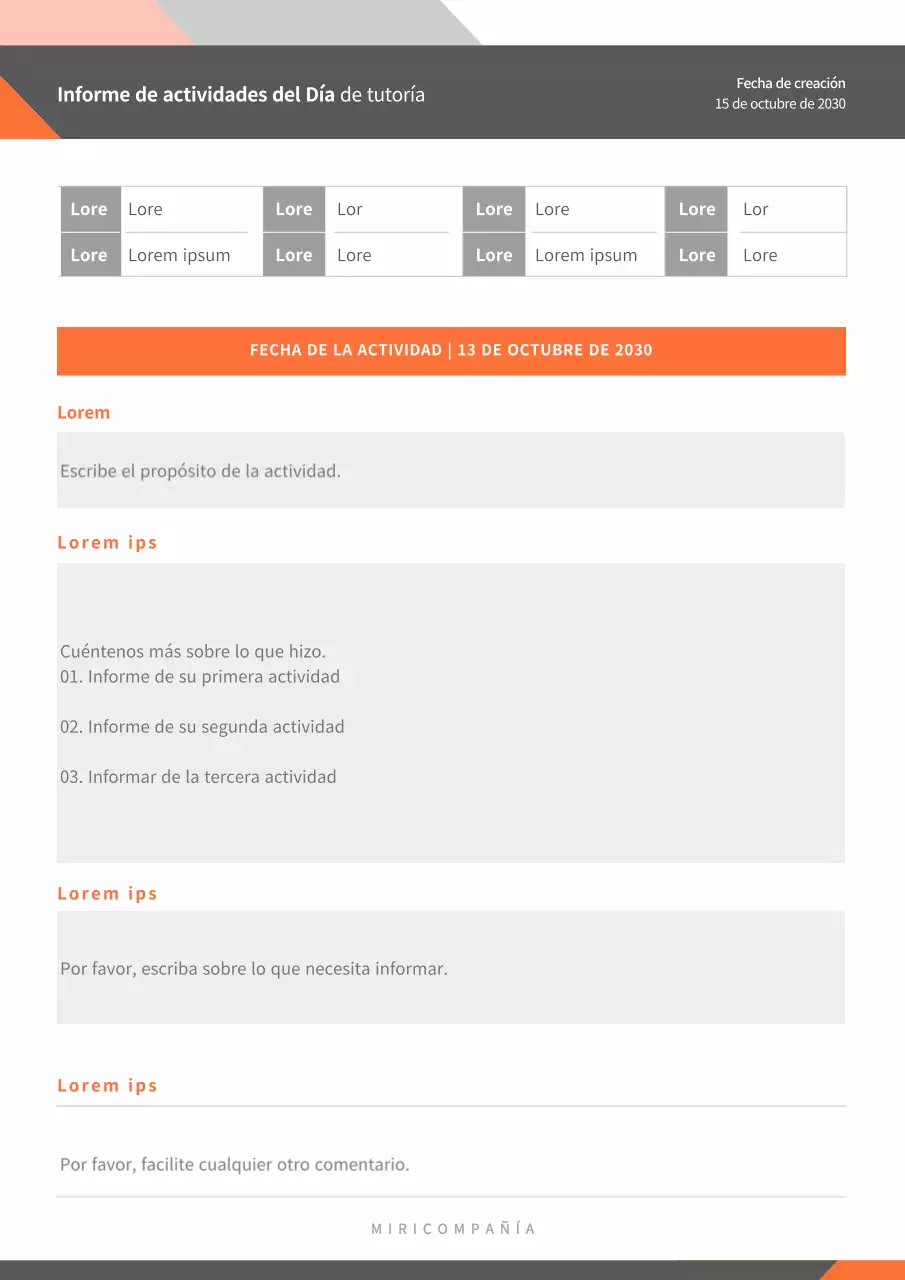 Informe de actividades de tutoría en gris y naranja