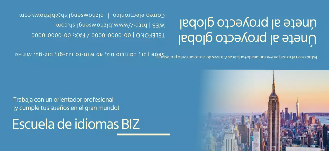 Promoción de una escuela de idiomas con fotos azules y amarillas de paisajes extranjeros