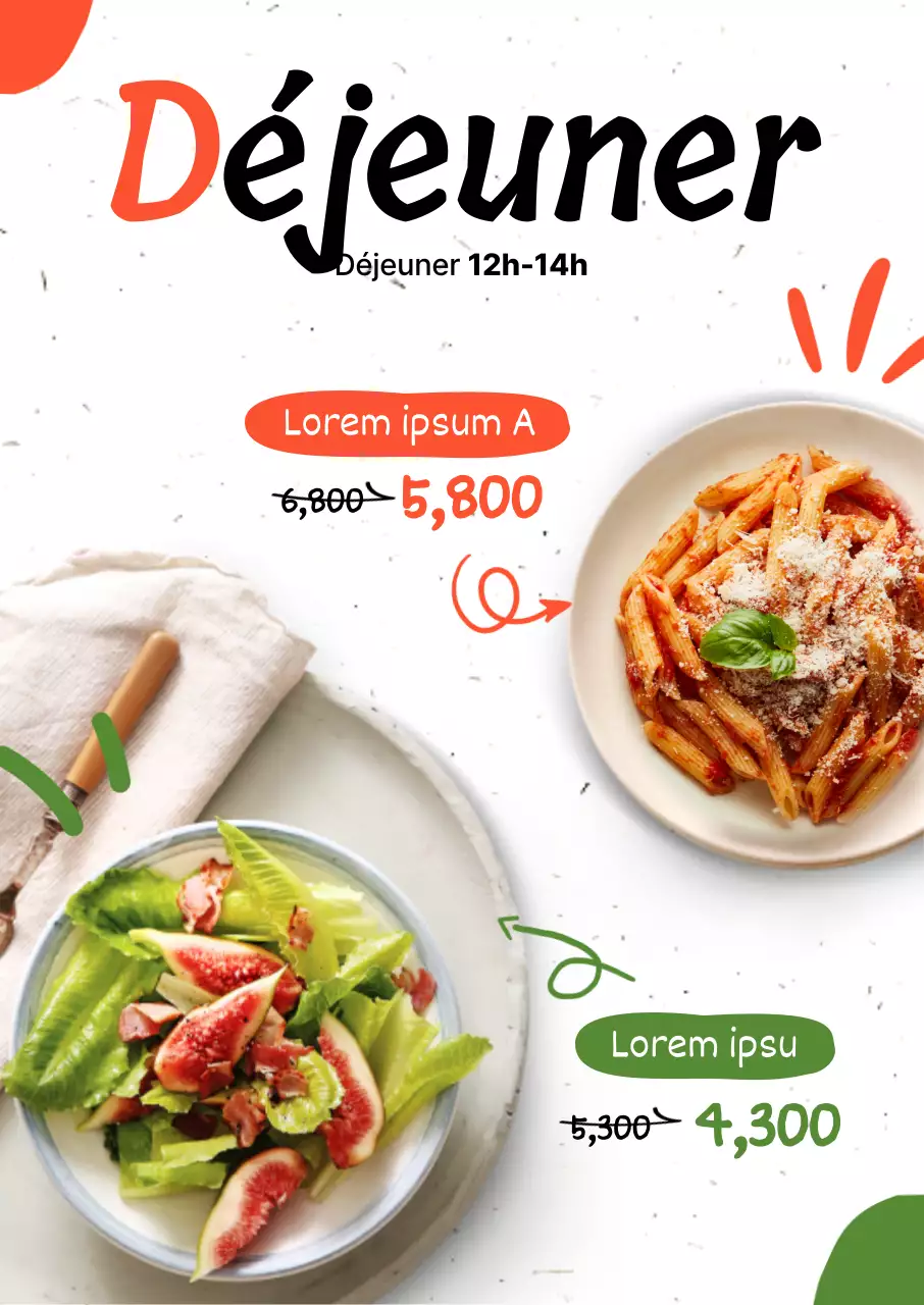 Utiliser l'orange et le vert pour promouvoir les réductions sur les menus de pâtes et de salades.