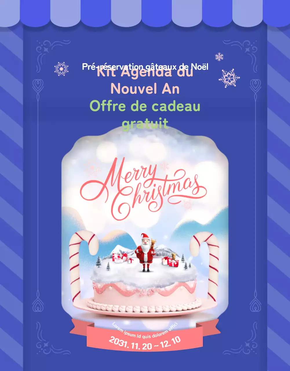 Offre de pré-commande de gâteaux avec un joli design de carte en bleu outremer brillant